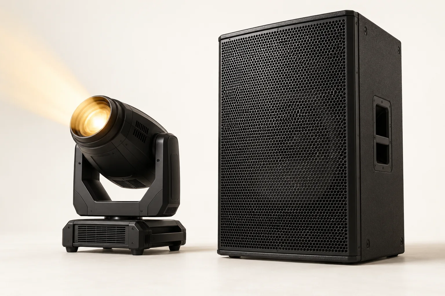 Professionele zwarte luidspreker en moving-head verlichting